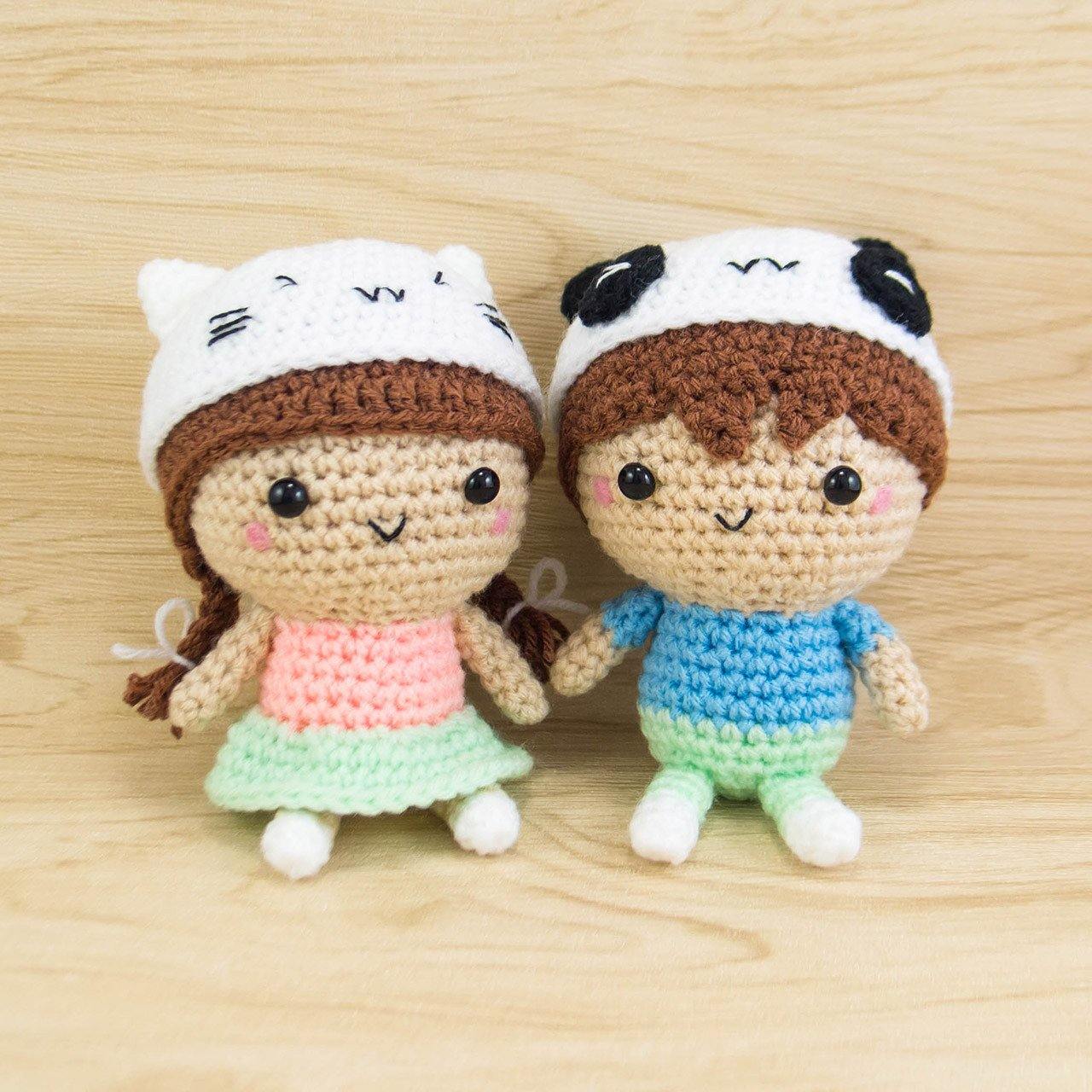 Girl with Cat Hat and Boy with Panda Hat Amigurumi