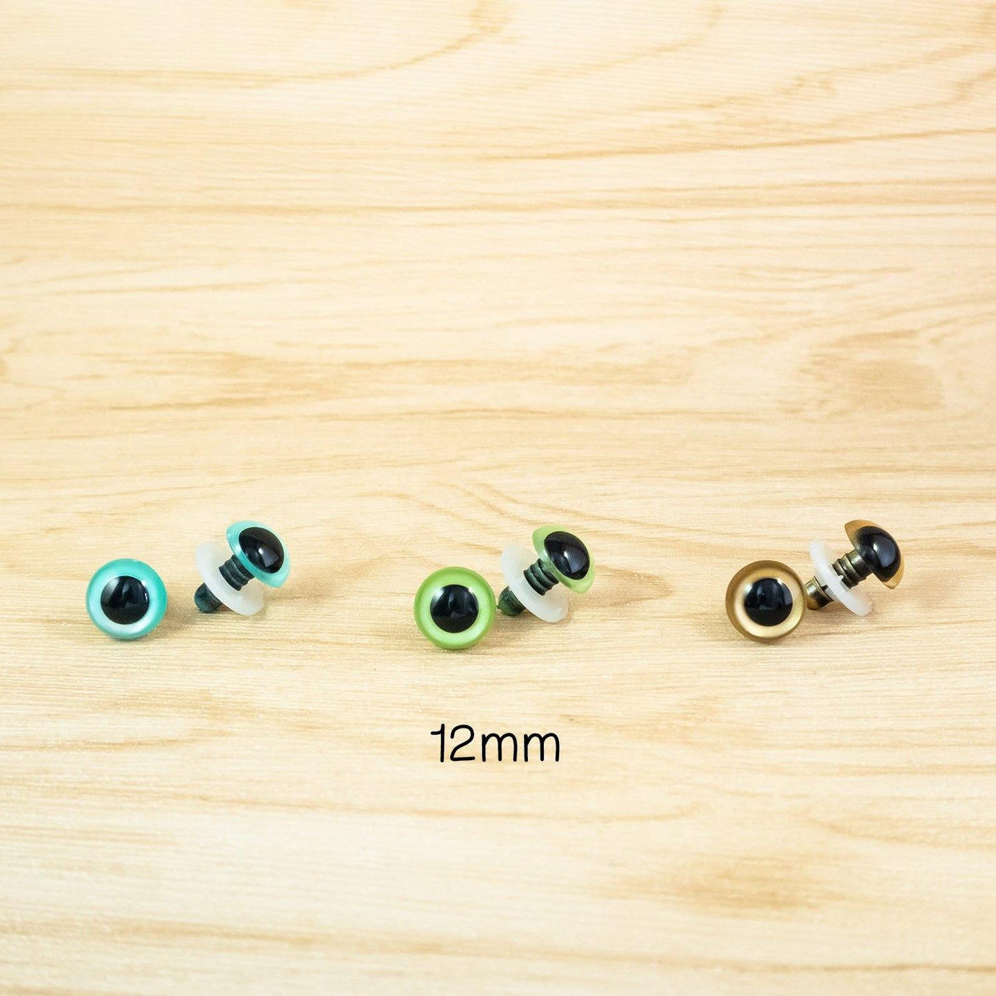 12mm color safety eyes for amigurumi and handmade plush - Pearl Green, Pearl Blue, Gold