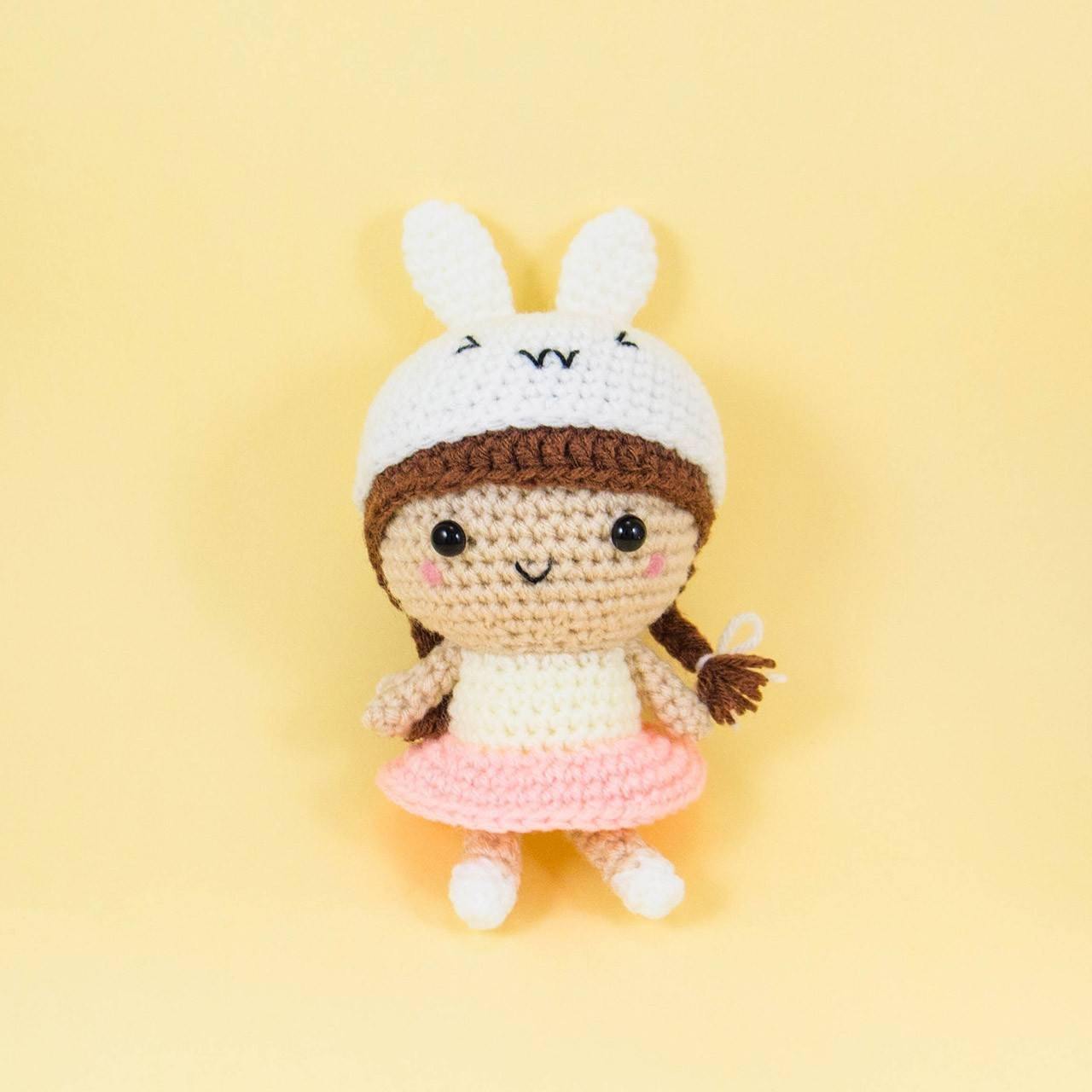 Girl wearing Bunny hat Crochet Doll